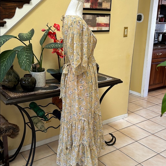 Storia Clarity Tiered Ruffle Floral Cottage Core Washed Yellow Maxi Dress Med - Picture 6 of 16